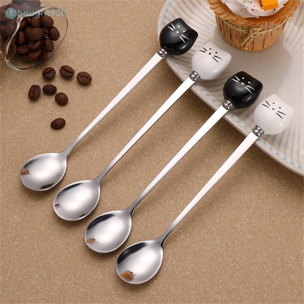 ช้อนขนมรูปแมวเซรามิก ด้ามยาว สแตนเลส อุปกรณ์ครัว ช้อนคนกาแฟ ช้อนไอศกรีม ทำความสะอาดง่าย TH