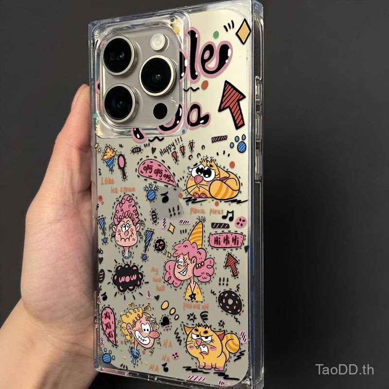 เคสโทรศัพท์ที่เข้ากันได้กับ iPhone 11 12 13 14 15 16 Pro Max Plus เคสซิลิโคนกันกระแทกแบบสี่เหลี่ยมลายกราฟฟิตี้สีชมพูสำหรับสาวๆ