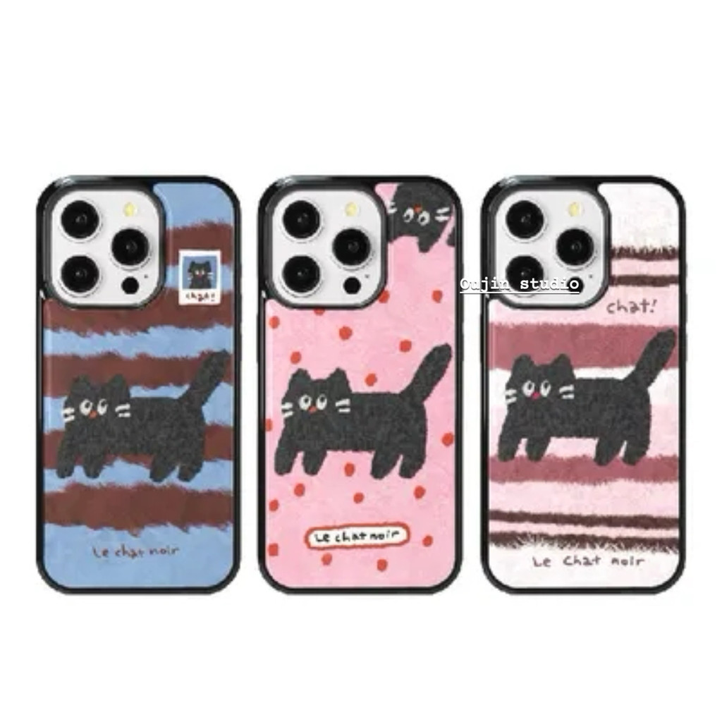 สไตล์เกาหลี ins สไตล์ Niche Design การ์ตูนลายลูกแมวสาวหัวใจเคสโทรศัพท์ 16promax/15pro/14/13 สีดําขอบฝาครอบป้องกันกันกระแทกฝาครอบป้องกัน