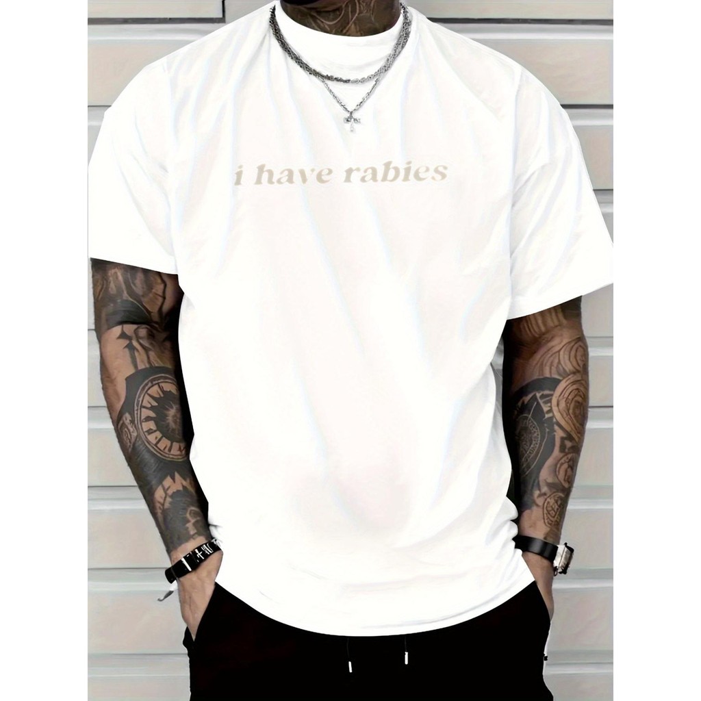 เสื้อยืดแขนสั้นคอกลมพิมพ์ลายด้านเดียวผ้าฝ้ายแท้ 180 กรัม I Have Rabies