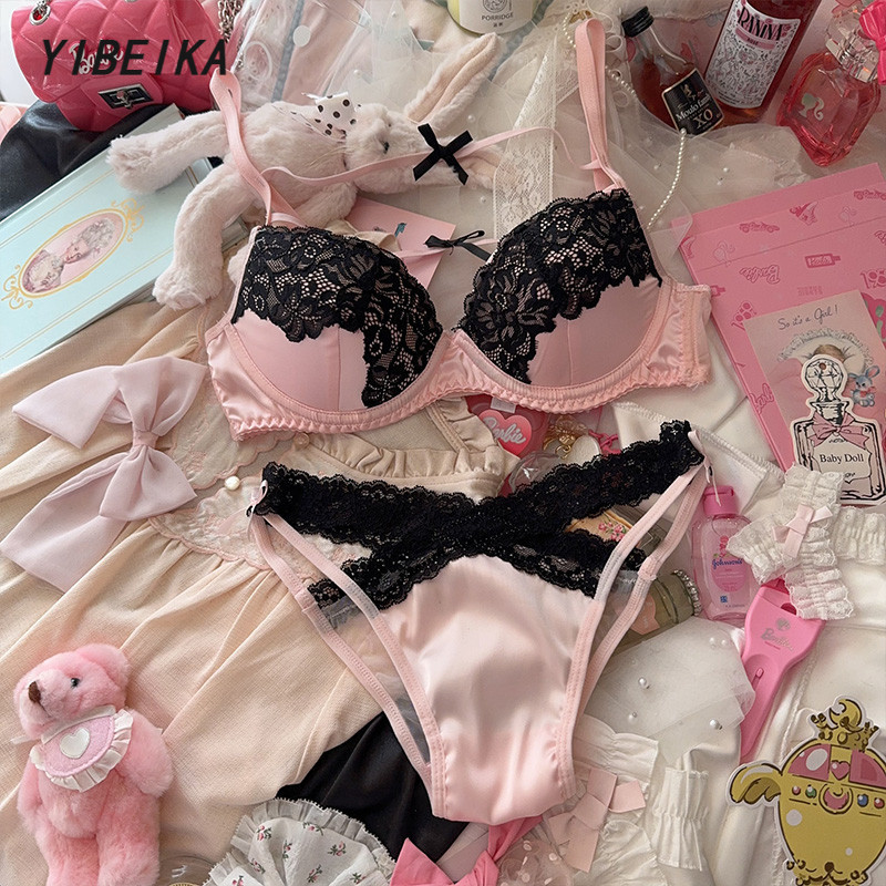 เซ็กซี่โบว์สายรัดลูกไม้สีชมพูชุดชั้นในสุภาพสตรีแหวนเหล็ก