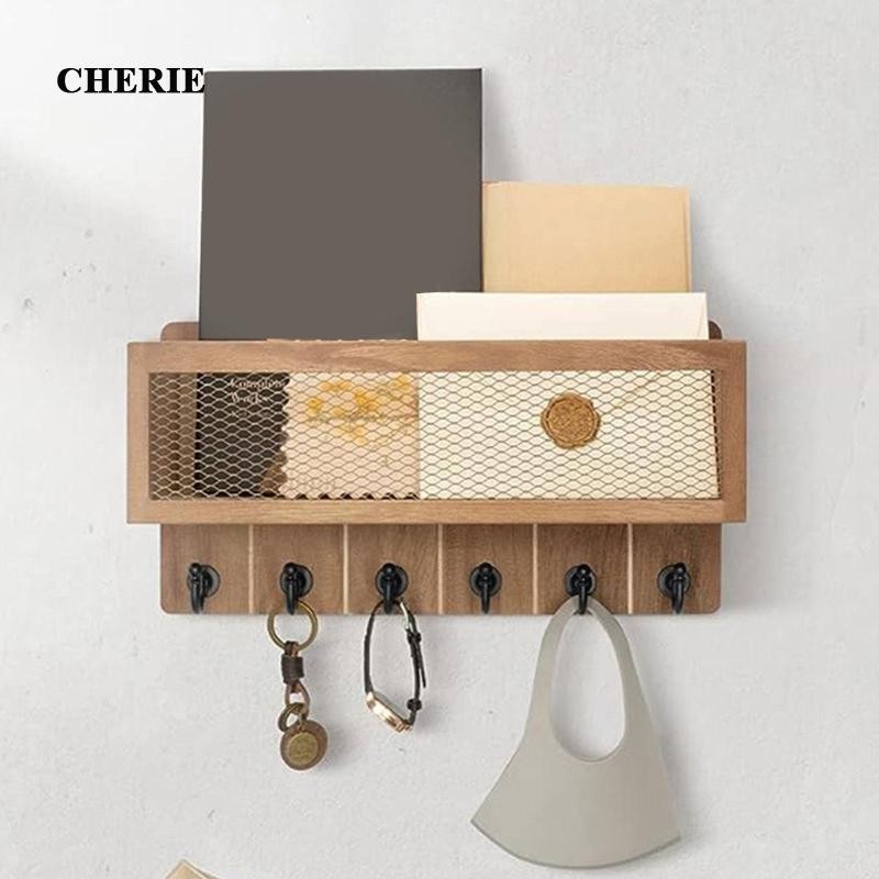 [Cherie] ที่ใส่กุญแจติดผนังติดผนังพร้อมตะกร้าจดหมายตาข่ายออแกไนเซอร์ชั้นวางกุญแจไม้สําหรับร่มห้องนอนบ้านห้องโถงห้องน้ํา