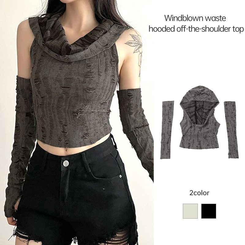เสื้อฮู้ดดรอปสุดเซ็กซี่ เสื้อยืดดีไซน์ Wasteland Style Sense เสื้อยืดคอกลมสั้นเปิดไหล่สำหรับผู้หญิง