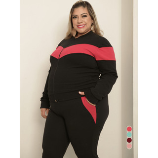 Conjunto Plus Size Inverno Frio Quentinho Confortável Jaqueta e Calça Cintura Alta Bolsos G1 G2 G3