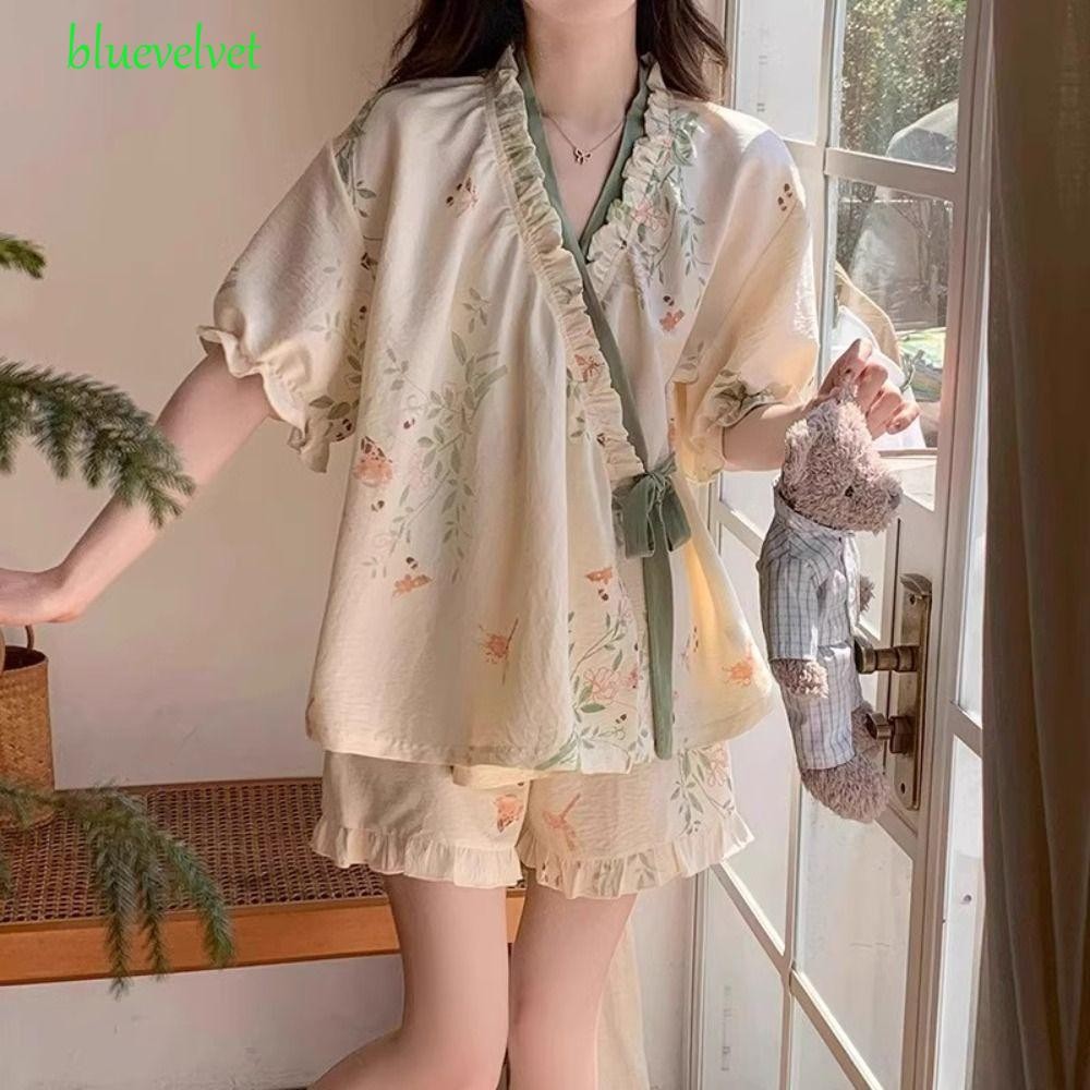 BLUEVELVET กางเกงขาสั้นชุดนอน,ดอกไม้ใหม่สไตล์จีน Lace Up ชุดนอนชุด,แฟชั่น V คอผู้หญิง Homewear Reffle สองชิ้นชุดนอนชุดของขวัญ