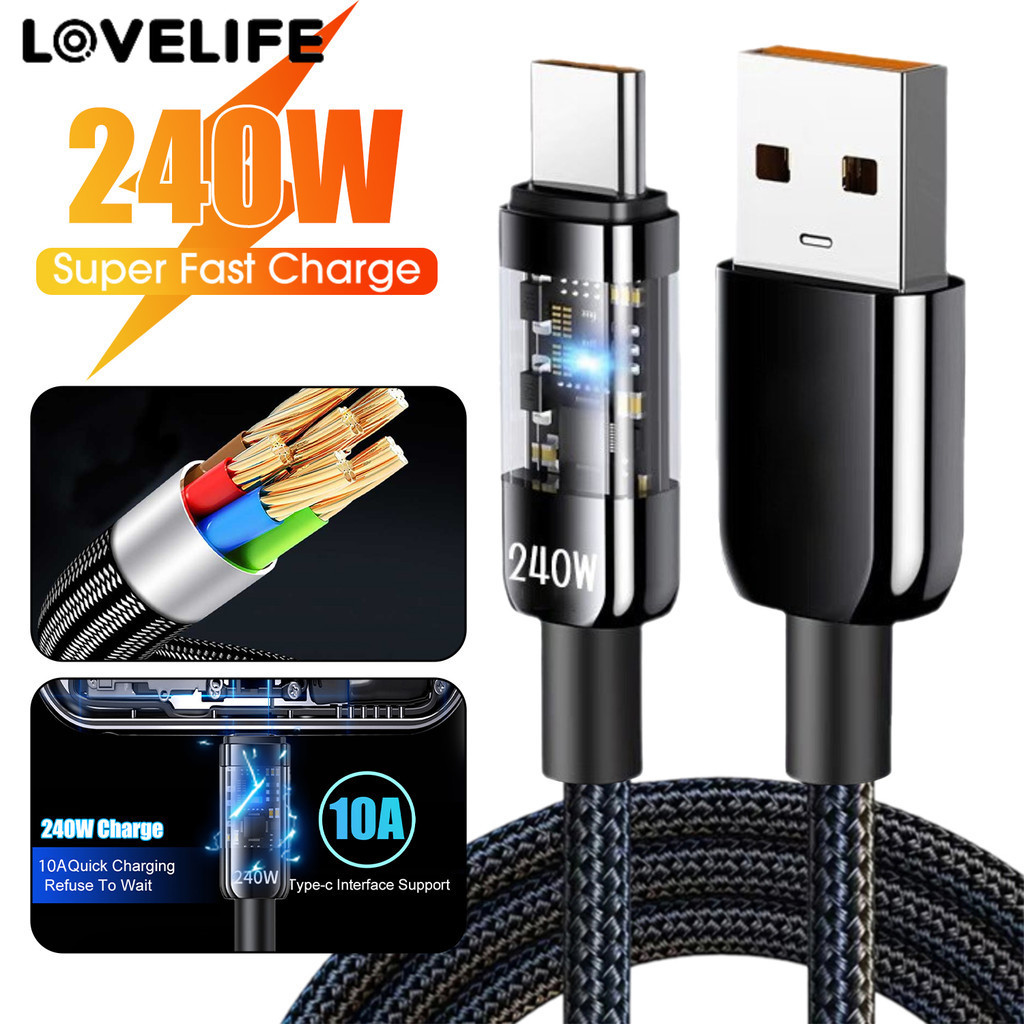 [AUTO&3C]สาย USB C ชาร์จเร็วเป็นพิเศษ 240W - สายถักไนลอนกําลังสูง 10A, ตัวเรือน TPU โปร่งใสพร้อมสายเคเบิลซิงค์ข้อมูลเร็ว 0.25 ม./1 ม./1.5 ม./2 ม.