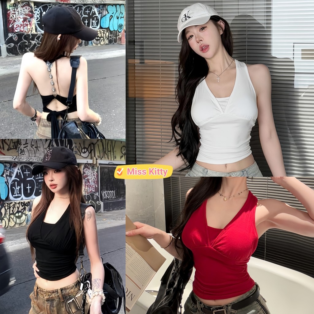 🎀Miss Kitty❤️พร้อมส่ง ​พร้อมส่ง เสื้อคล้องคอ มีฟองน้ำในตัว น่ารักๆ ดีเทลเว้าหลังสีพื้น "FY10112"