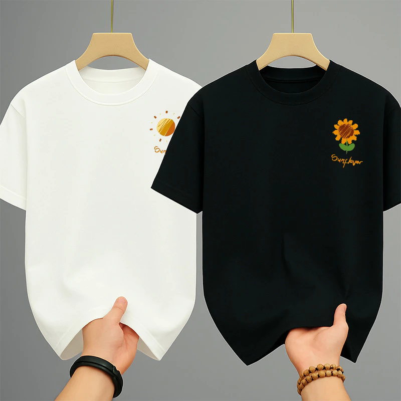 เสื้อยืด เสื้อคู่รักชายหญิงเกาหลี oversize สกรีนลายดอกทานตะวันก พระอาทิตย์ น่ารักๆ สวมใส่สบาย