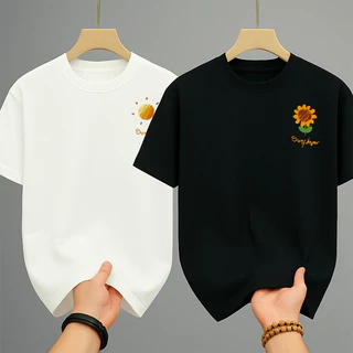 เสื้อยืด เสื้อคู่รักชายหญิงเกาหลี oversize สกรีนลายดอกทานตะวันก พระอาทิตย์ น่ารักๆ สวมใส่สบาย