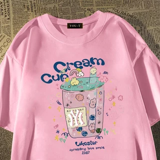Teddy Tee🎀ชุดสาวอวบ ผ้าฝ้าย100% สวมใส่สบาย สาวอวบ เสื้อยืด oversize ยืดได้ ลาย "CREAM CUP IYI" แฟชั่น สไตล์ลำลอง