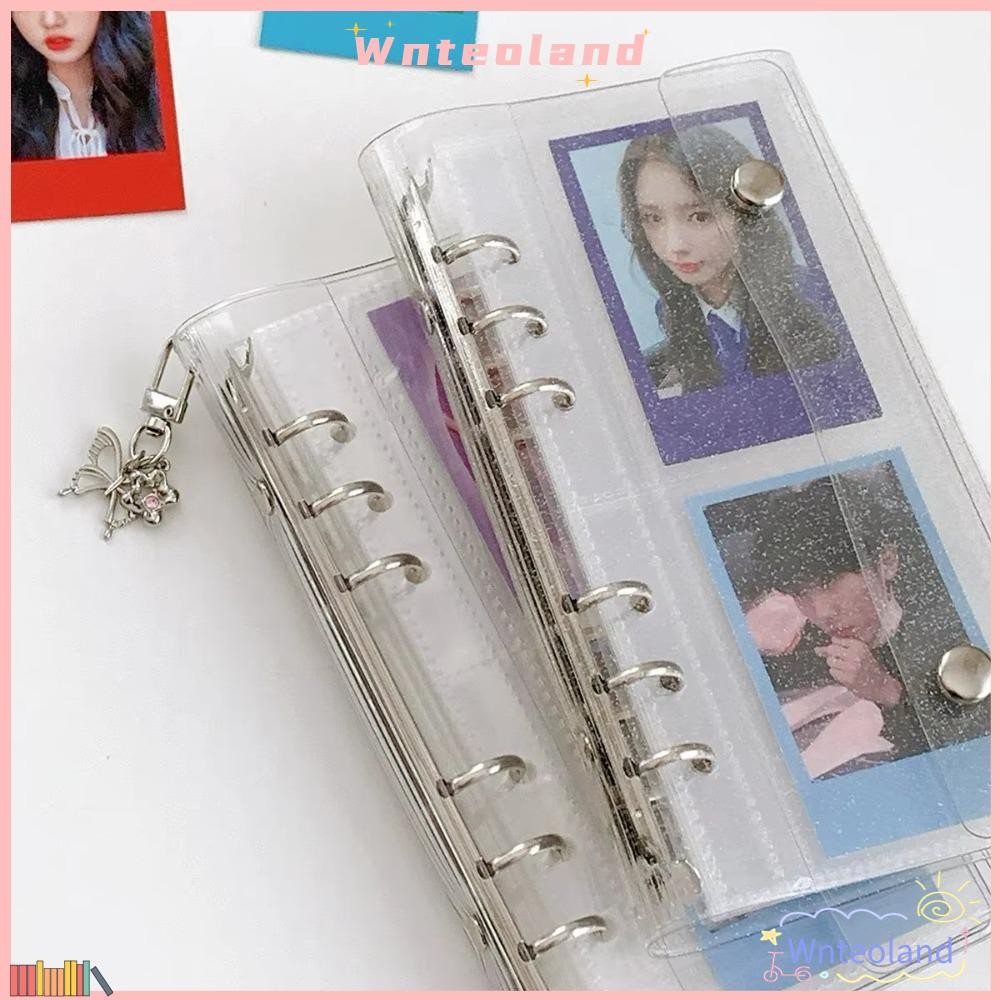 WNTEOLAND ฝาครอบใบหลวม,ครึ่งเลเซอร์โปร่งใส 6 หลุมแคบ PVC Notebook Cover, การออกแบบที่ถอดออกได้หัวเข็มขัดคู่ A6 ฝาครอบโปสการ์ด Binder รวบรวมหนังสือ Organizer
