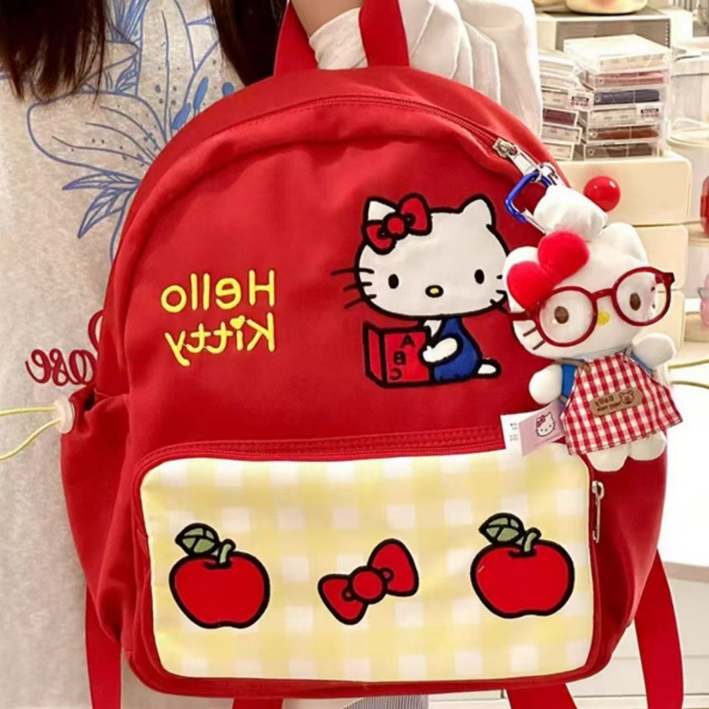 แมวน่ารักผู้หญิงกระเป๋าเป้สะพายหลังสีแดงวินเทจแฟชั่นการ์ตูนกระเป๋าเป้สะพายหลังใหม่สไตล์วิทยาลัยฮาราจูกุหรูหรากระเป๋าใ