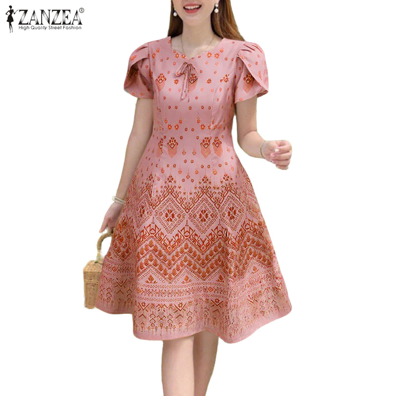 ZANZEA ใส่ ซานเซีย ผู้หญิงเกาหลีหรูหรารอบคอสั้นกลีบแขนตกแต่งพิมพ์ชุด