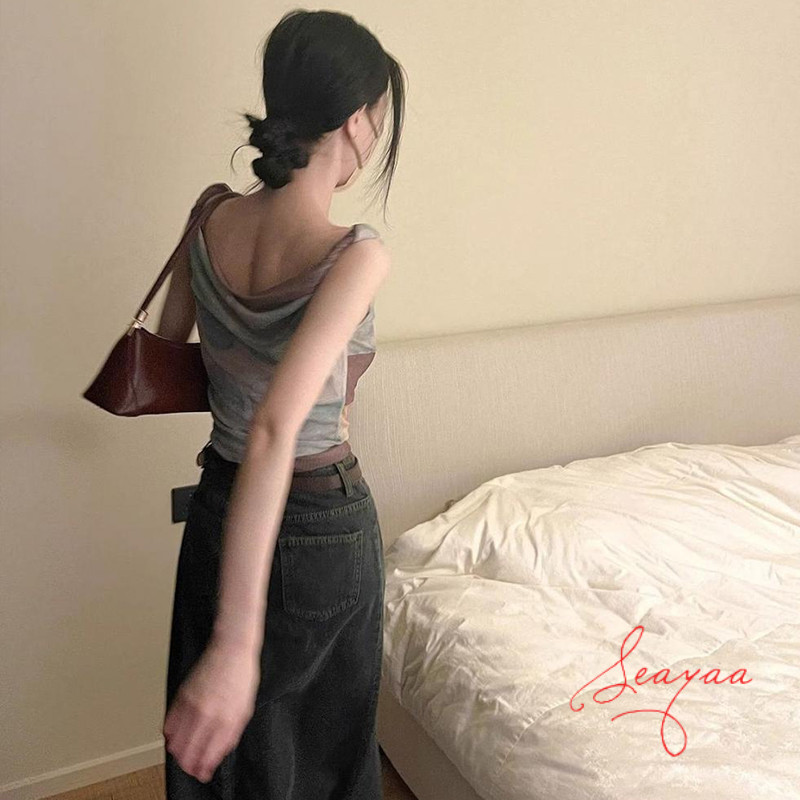 ย้อมน้ำมันวาดตาข่ายเสื้อกั๊กผิดปกติสั้น Camisole ผู้หญิงฤดูร้อนปิดไหล่หวานร้อนด้านบน SY - รูปที่ 3