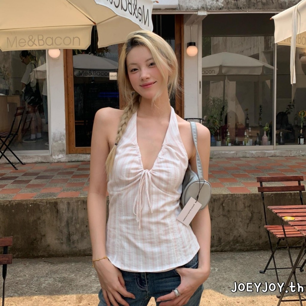 JOEYJOY-เสื้อกล้ามเชือกแขวนคอลายทางสำหรับผู้หญิงฤดูร้อนแขนกุดเปิดหลังเสื้อกั๊kครอป