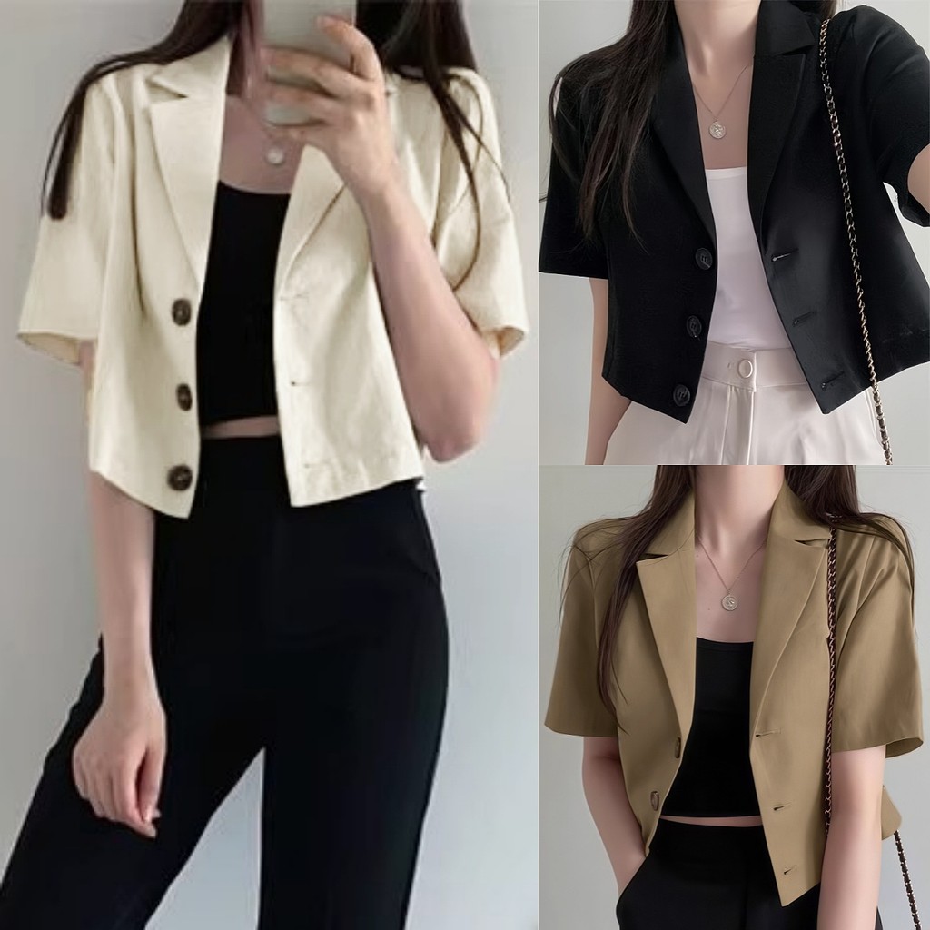 Suysuy พร้อมส่ง เสื้อคลุม แขนสั้น คอปก ทรงวี รุ่นติดกระดุม แบบสั้น ผ้าคอตตอน ทรงสวยเรียบง่าย ใส่แล้วดูดีมาก