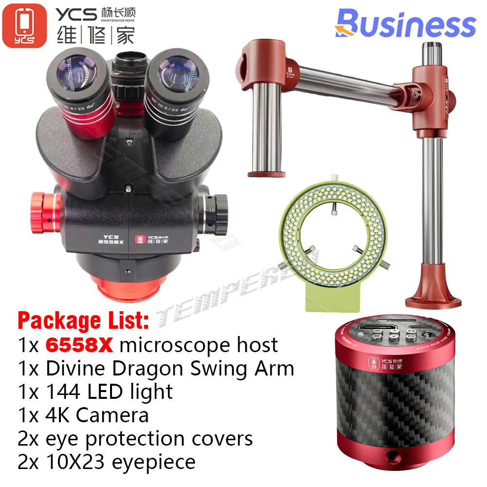 YCS กล้องจุลทรรศน์ 6558X 6558S กล้องจุลทรรศน์ Trinocular 4K ชุดแขนกล้องสําหรับโทรศัพท์มือถือซ่อมบําร