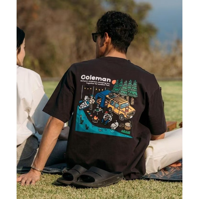 เสื้อยืดแขนสั้น Coleman สำหรับผู้ชายและผู้หญิง ผ้าฝ้ายพรีเมี่ยม เหมาะสำหรับการ露营和户外活动 Matsui 宽松便服套装