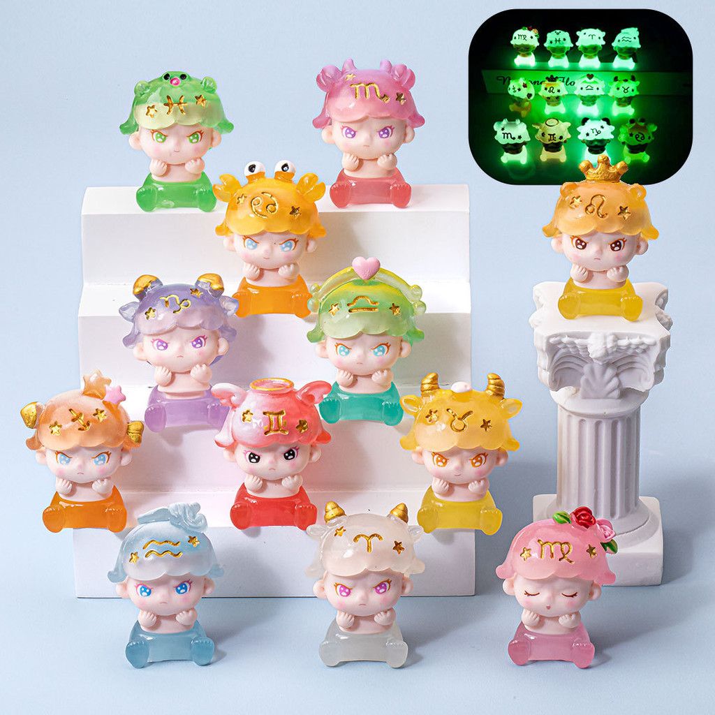 ตุ๊กตาผ้าขนฟูน่ารัก DIY ส่องสว่างในความมืด สิบสองกลุ่มดาว ของตกแต่งเล็กๆ สำหรับโต๊ะทำงาน รูปปั้นเรซิน