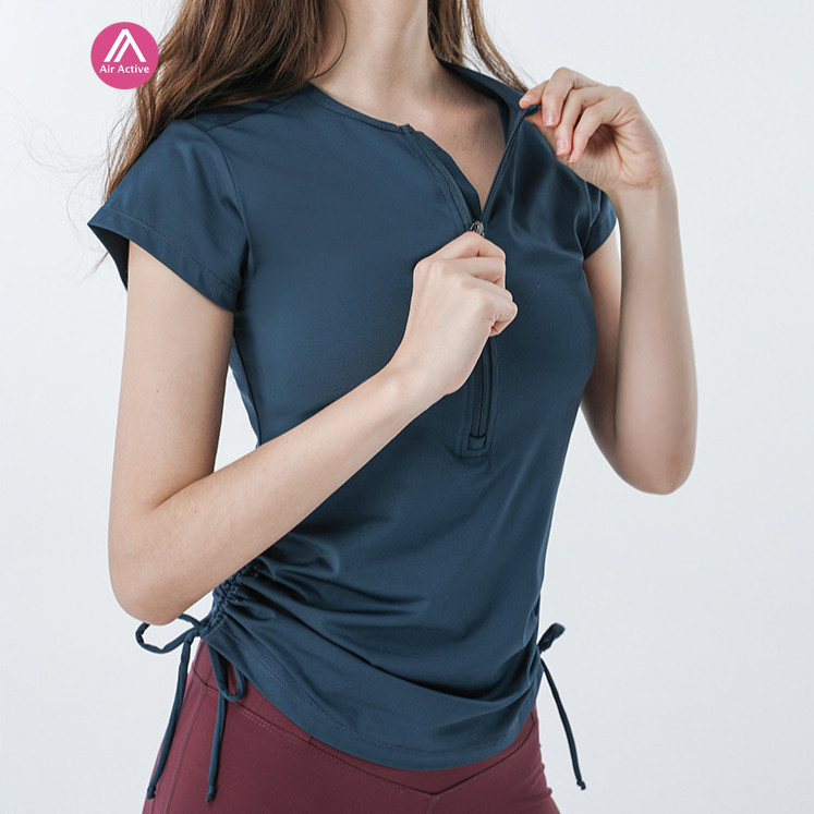 AirActive Leisure Casual Yoga Sports T-shirt Short Sleeves Zip And Side Drawstrings Moisture-wicking