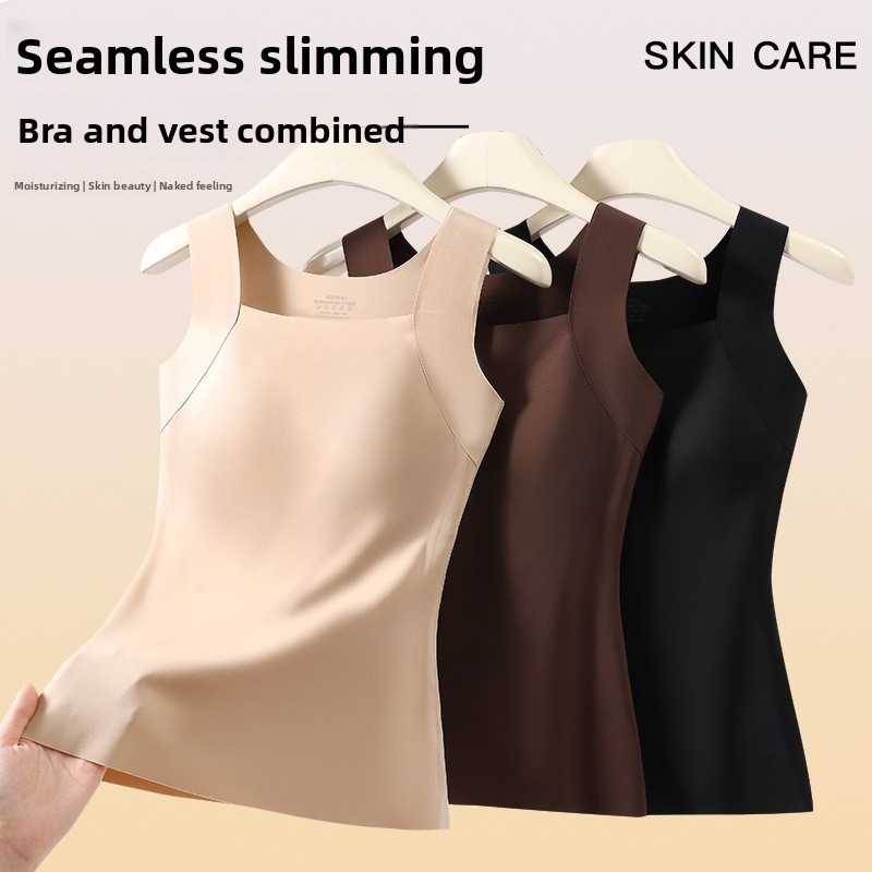 ผ้าไหมน้ำแข็งไม่มีรอยต่อ เย็นสำหรับเสื้อกั๊กด้านบนผู้หญิง มีแผ่นหน้าอก เป็นมิตรกับผิว สบายไม่ต้องใส่ชุดชั้นใน