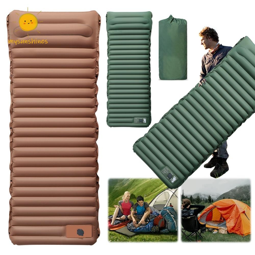☀MS 10 ซม.Inflatable Sleeping Mat พร้อมปั๊มเท้าและหมอน Camping Air ที่นอนกันน้ําน้ําหนักเบา Air Cushion สําหรับเดินป่า Trekking