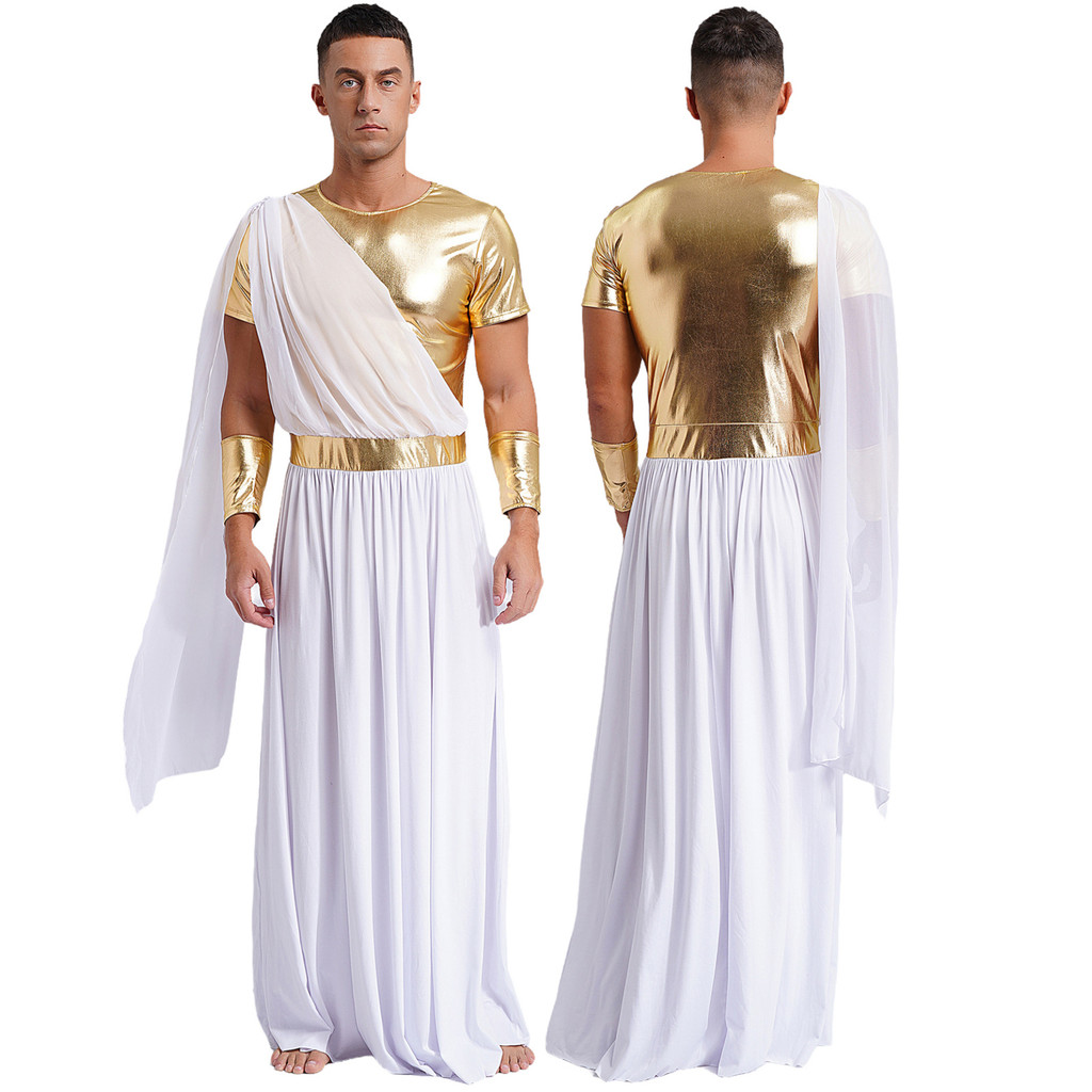 ผู้ชายโบราณกรีก Zeus God Priest คอสเพลย์เครื่องแต่งกายโรมัน Toga แขนสั้น Tunic Robe พร้อมข้อมือสําหรับธีมฮาโลวีน Party Carnival Dress Up