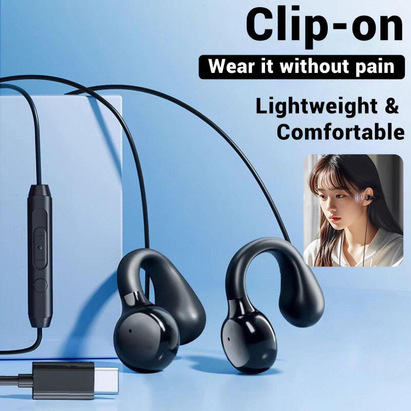 Ankndo หูฟังแบบมีสายเปิด Earclip Air Conduction Music Earbuds ชุดหูฟังสําหรับเล่นเกมหูฟังพร้อมไมโครโฟนแบบหนีบเสื้อ 3.5 มม./Type-C