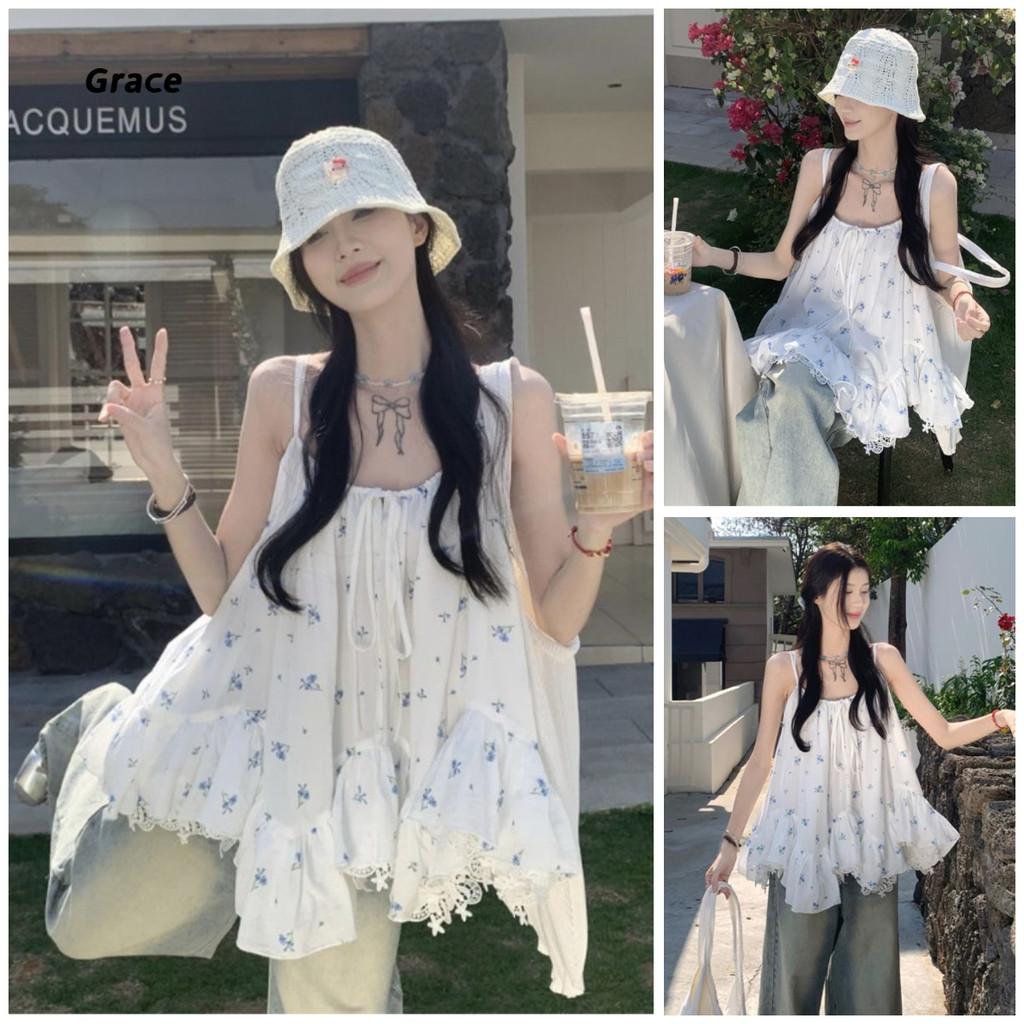 [Grace] (คลังสินค้าพร้อม) ลูกไม้เย็บลายดอกไม้สลิงด้านบนผู้หญิงฤดูร้อนหลวมวันหยุดสบาย GR1601 #