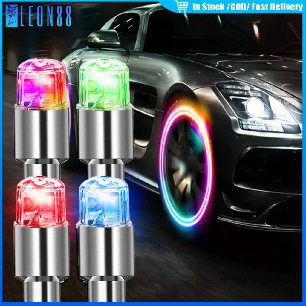 ของมาใหม่！4ชิ้น ไฟตกแต่งฝาวาล์วล้อ LED หลอดไฟนีออน กันน้ำ ใช้ถ่านกระดุม สำหรับรถจักรยานยนต์ จักรยาน