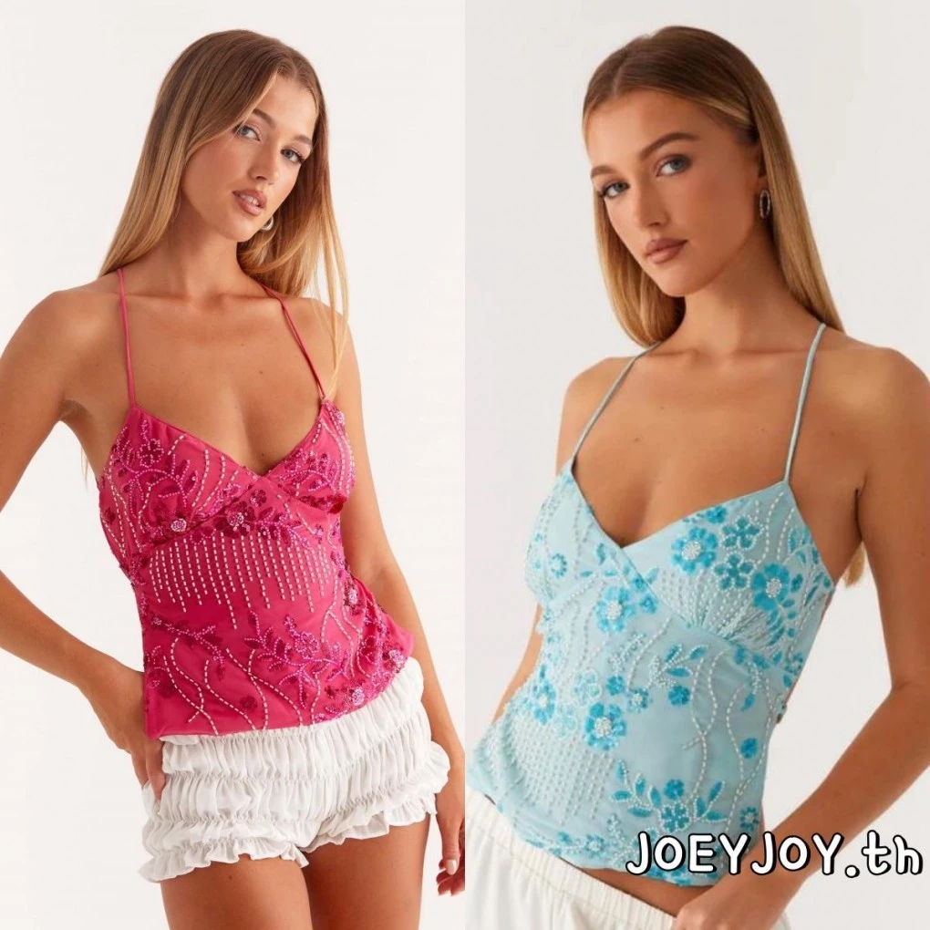 JOEYJOY-เสื้อชั้นในสตรีแขนกุดคอวีเปลือยดอกไม้เสื้อกล้ามฤดูร้อน