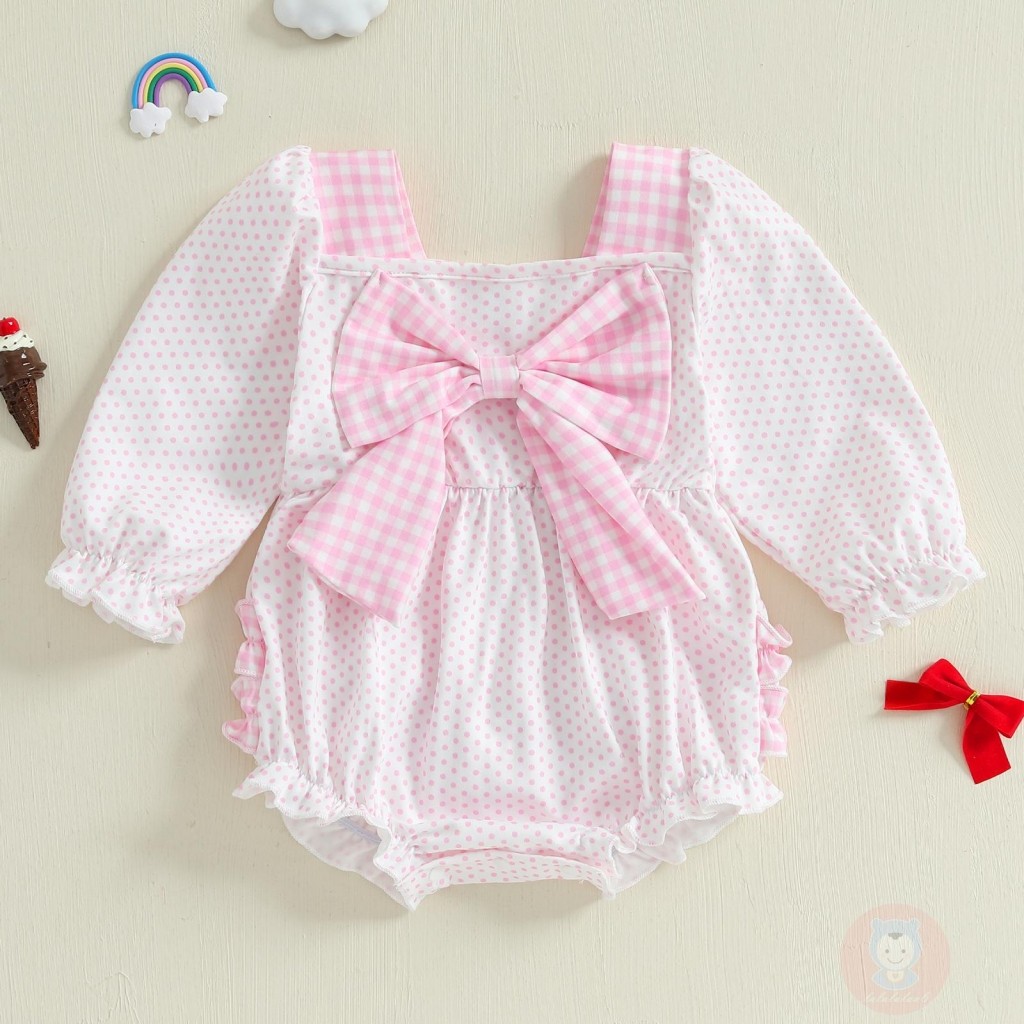 LAA6-ชุดรอมเปอร์แขนยาวคอสี่เหลี่ยมสําหรับเด็กทารกผู้หญิงลําลองลายจุดลายสก๊อตโบว์คอเหลี่ยม