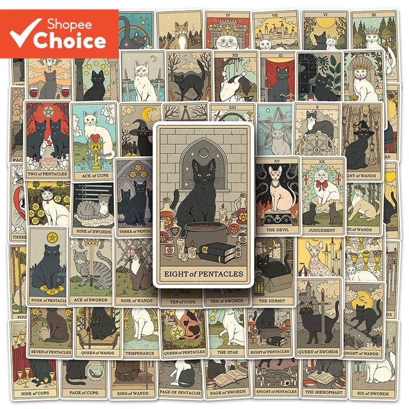 Cat Tarot สติกเกอร์ 78PCS ความงามสติกเกอร์กันน้ําแพ็คน่ารักแล็ปท็อป Tumbler กระเป๋าเดินทางสมุดภาพตกแต่ง Stiker