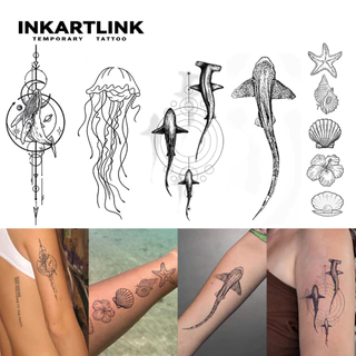 Inkartlink สติ๊กเกอร์รอยสักชั่วคราวทะเลฤดูร้อนสไตล์มินิมอล, กันน้ําติดทนนาน, ชุดสักปลอมกึ่งถาวร