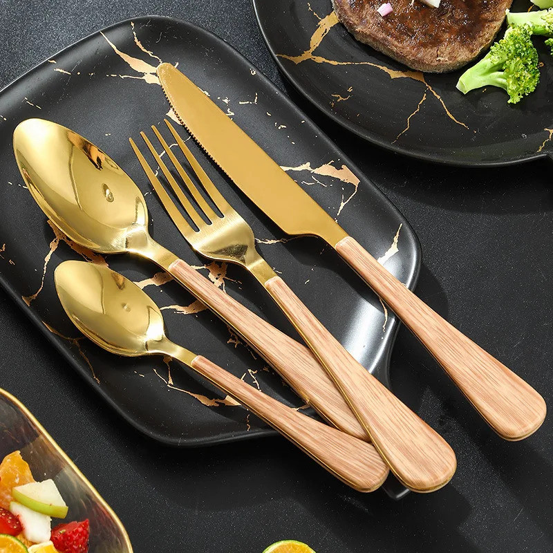 4PCS Wood Handle Stainess Steel Cutlery Sets Western Hotel Dinnerware Table Sevring Knife Spoon Fork