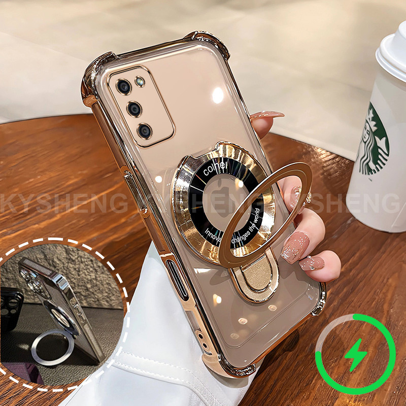 เคสสําหรับ Samsung A02S A03S เคสโทรศัพท์ใหม่วงเล็บชาร์จแม่เหล็กสี่มุมป้องกันการตกเปลือกนิ่มโปร่งใส 001