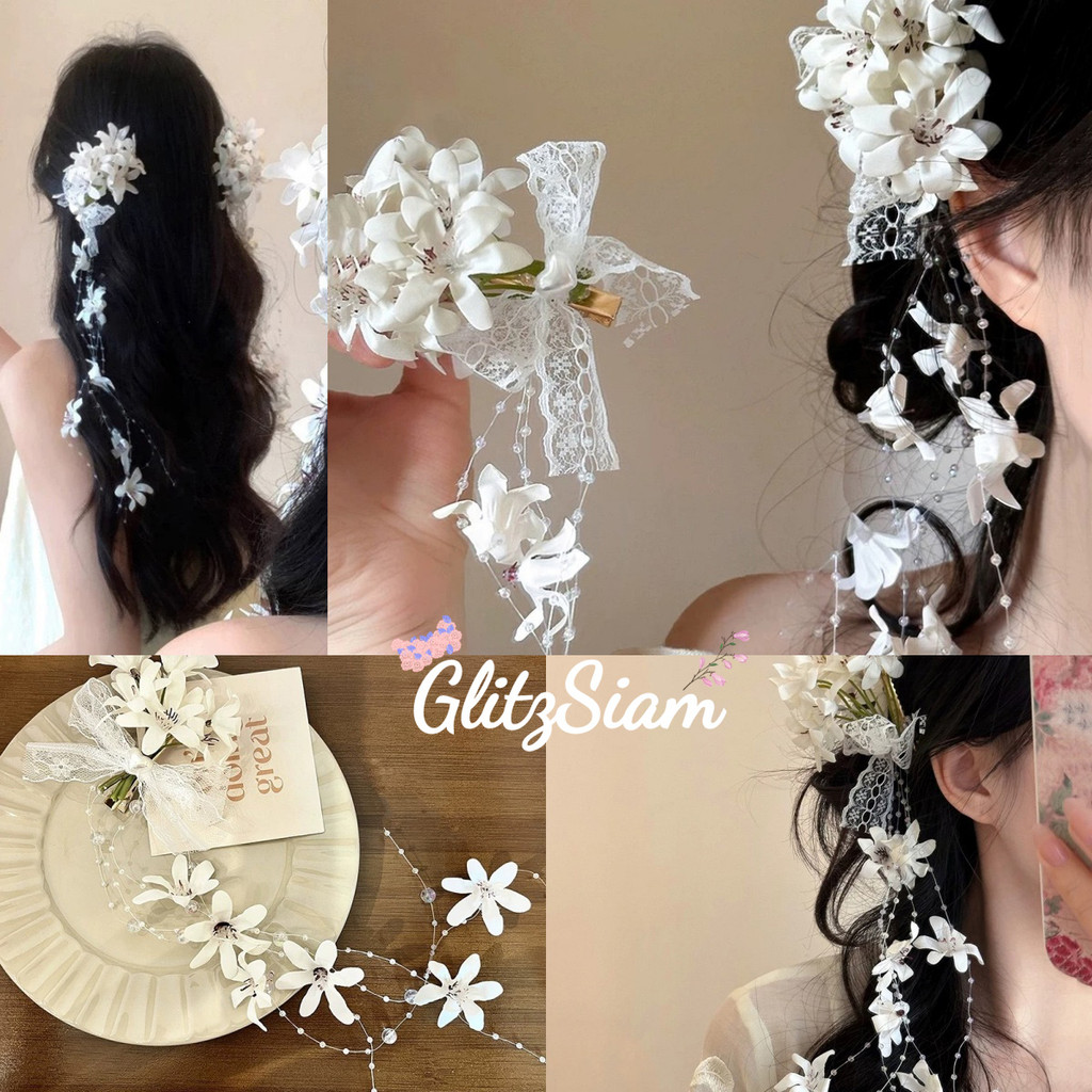 Glitzsiam🌸กิ๊บติดผมลายดอกไม้🌸กิ๊บติดผมดอกลิลลี่ออฟเดอะวัลเลย์จำลอง ตกแต่งผมสไตล์เกาหลีแฮนด์เมด พร้อมส่งจากไทย
