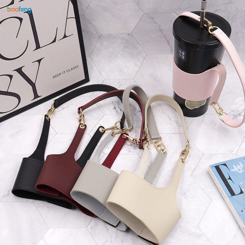 ที่ใส่ขวดน้ําหนัง PU สําหรับแก้วกาแฟ Tumbler Handle พร้อมสายปรับได้สลิง Anti-scalding ถ้วยสําหรับแก้วกาแฟ