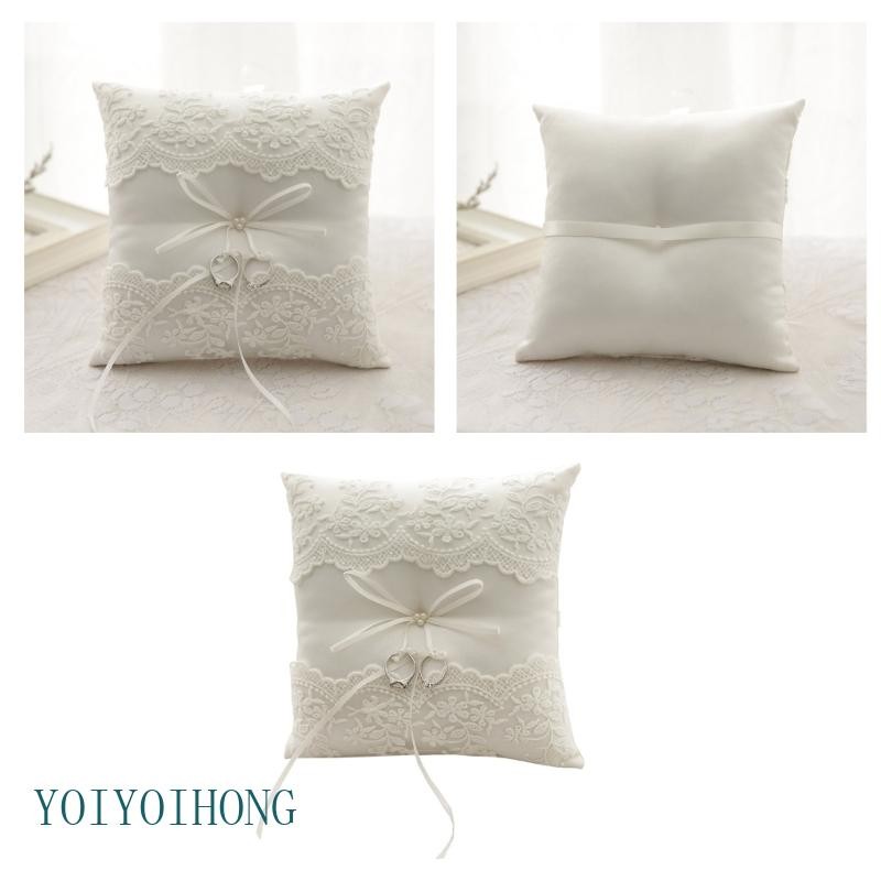 YOI 19x19 ซม.ลูกไม้สีขาวงานแต่งงานแหวนหมอนเจ้าสาวแหวน Bearers หมอนเบาะแต่งงานพิธีและการถ่ายภาพ Dec