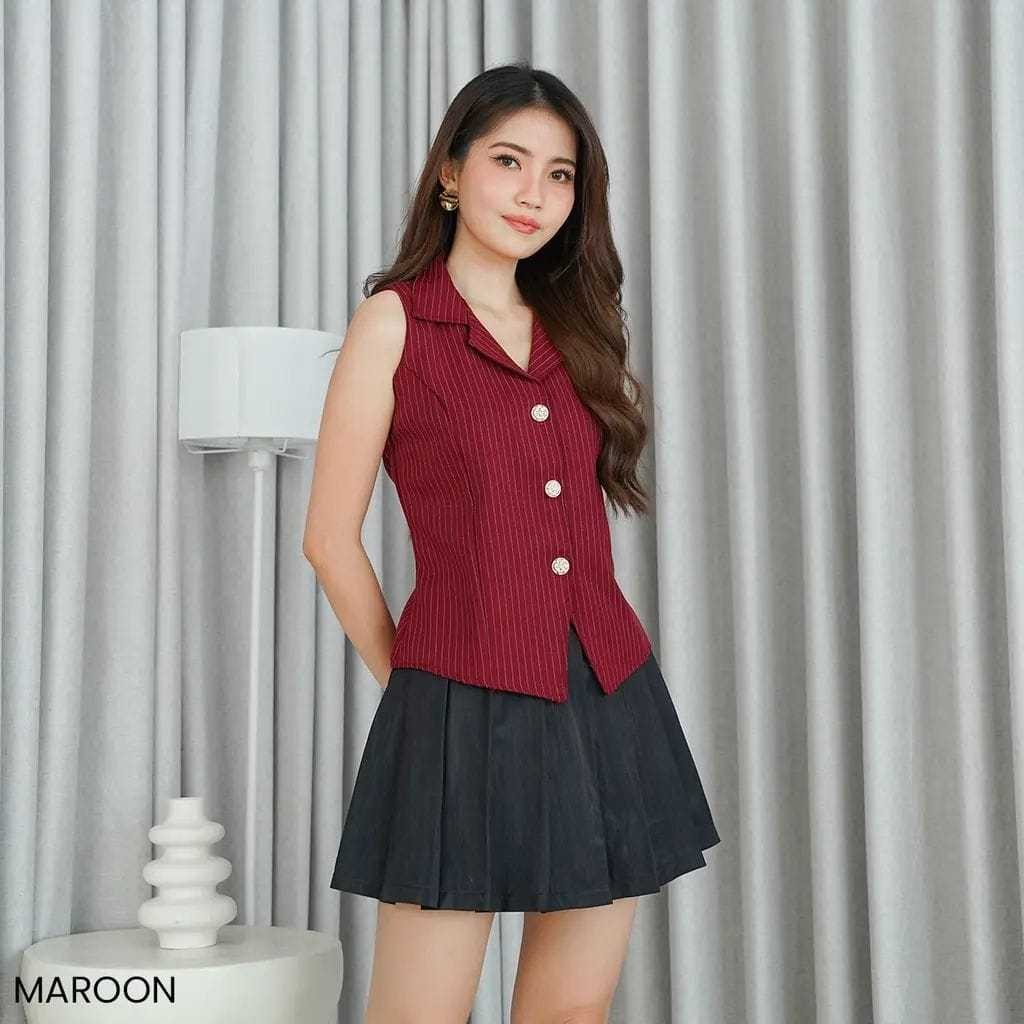 MERAH [ ECLETTE.CO ] Karina Vest Top - แจ๊กเก็ตผู้หญิงแขนกุดเกาหลี - แดง / แดง