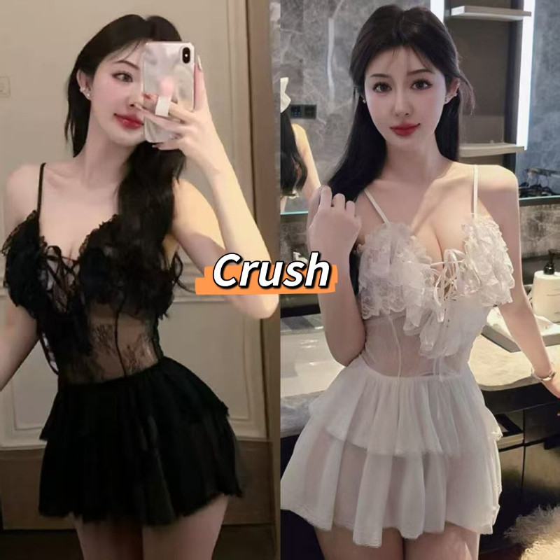 Crush💘 ชุดนอนกระโปรง เดรสสายเดี่ยว ลูกไม้เซ็กซี่ มีเชือกตรงหน้าอก รูดปรับได้ 🛒พร้อมส่งจากไทย (ฺSY-2132)