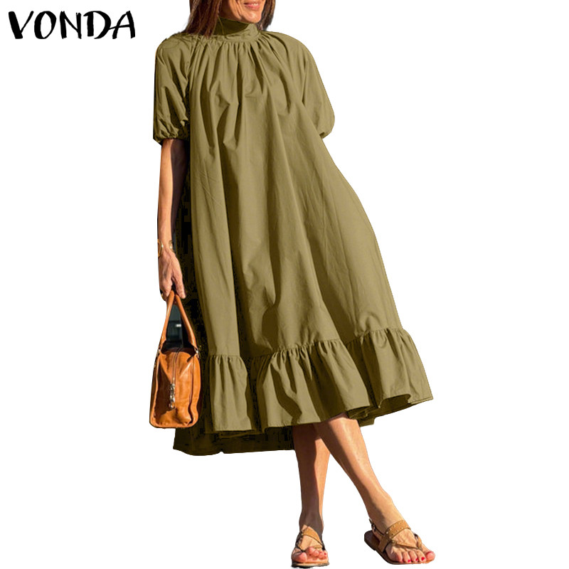 VONDA ชุดเดรสผูกเชือกคอกลมลําลองสําหรับผู้หญิงวินเทจ