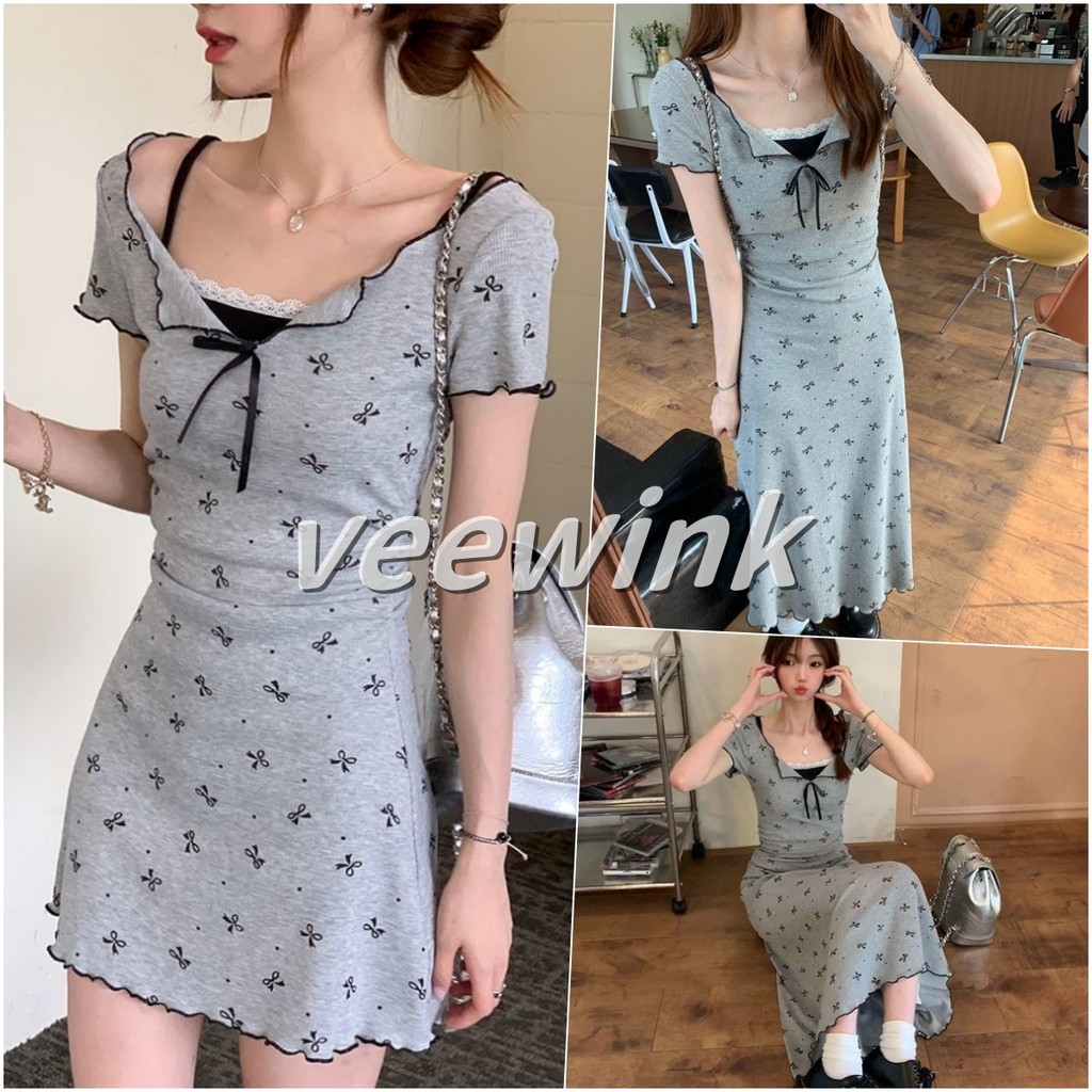Veewink พร้อมส่งจากกทม พร้อมส่ง ชุดน่ารักสไตล์เกาหลี แต่งโบว์แขนสั้น 【ชุดเดรสสั้น + เดรสยาว】