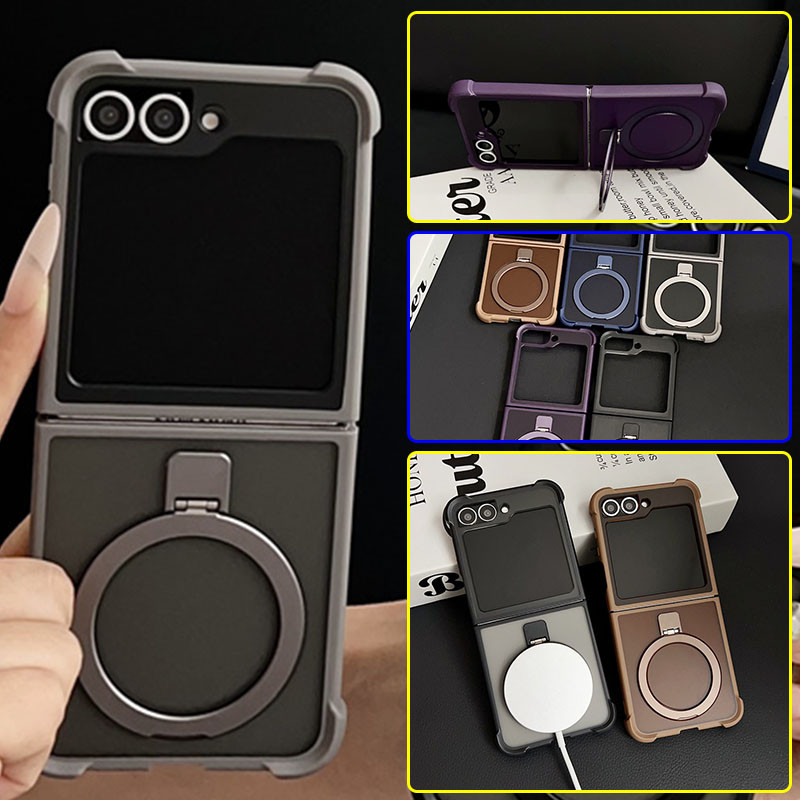 Matte Translucency แหวนโลหะขาตั้ง Matte Magnetic Case สําหรับ Samsung Galaxy Z Flip 7 Z Flip 6 Z Flip 5 Z Flip 4 Z Flip 3 กันกระแทกไร้สายชาร์จ