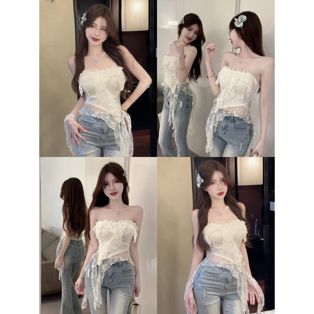 Anne เสื้อเกาะอก สีพื้น มีฟองน้ำ ปาดไหล่ ปลายแต่ง สลิมฟิต ใส่ไปทะเล สไตล์เกาหลี แฟชั่น #FY9079