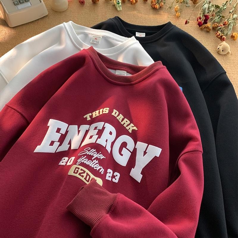 เสื้อกันหนาว แขนยาว คอกลม ทรงหลวม เสื้อกันหนาวโอเวอร์ไซส์ ENERGY ลายเท่ๆ สไตล์สปอร์ตวินเทจ ใส่ได้ทั้งชายหญิง ผ้าฝ้าย100%