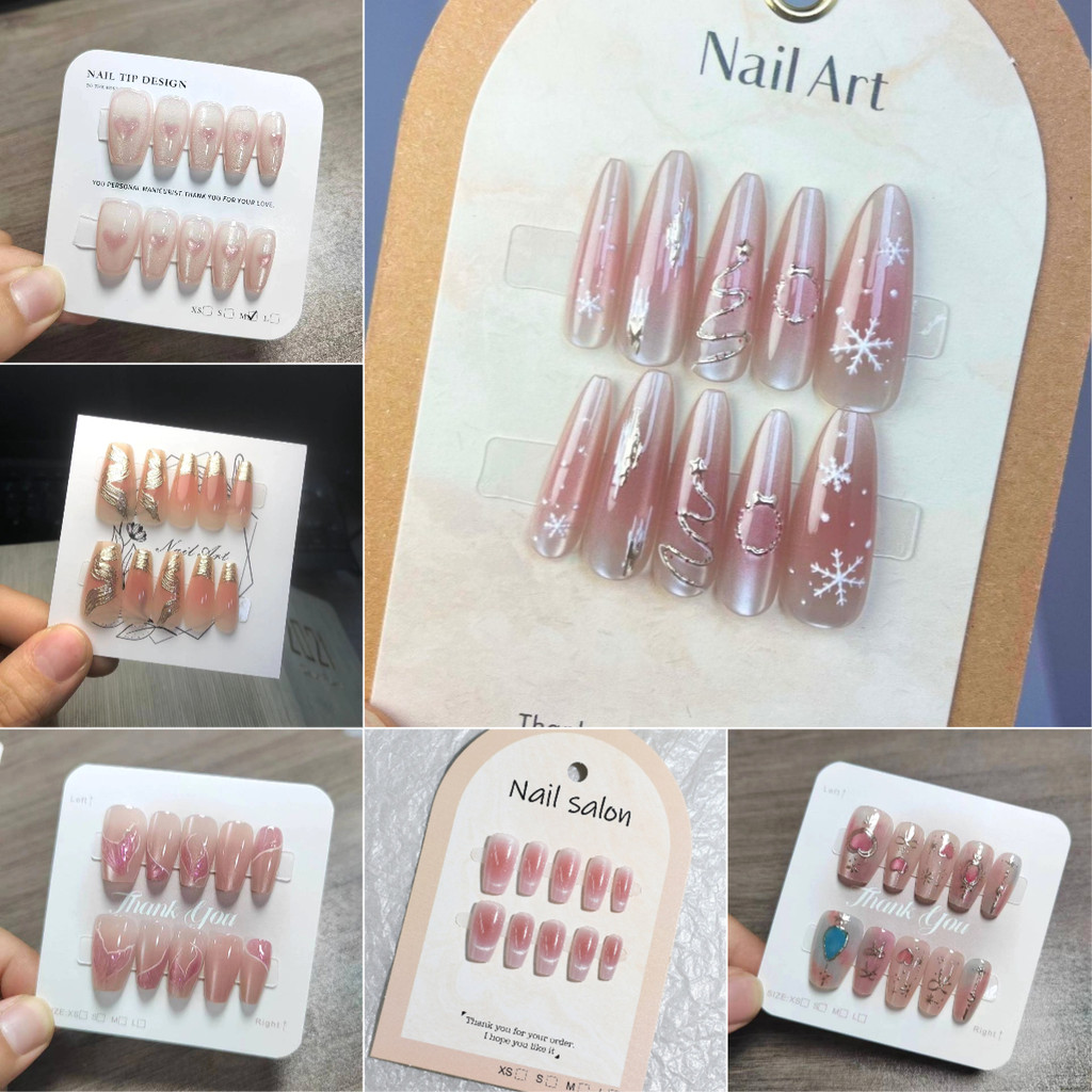 เล็บปลอมยาวสีชมพูพร้อมสติกเกอร์เล็บปลอมออกแบบด้วยดวงตาแมว