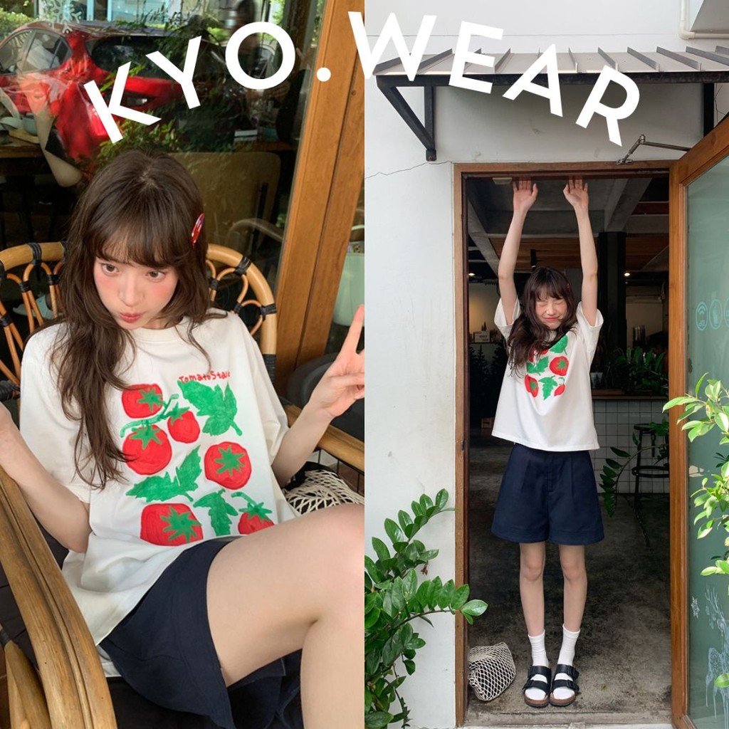 KYO 🍅 เสื้อยืดคอกลมแขนสั้น ลาย “Tomato” สไตล์เกาหลี ผ้า Cotton แท้ 100% สัมผัสนุ่มละมุน ใส่สบายมาก เหมาะกับสาวอวบ
