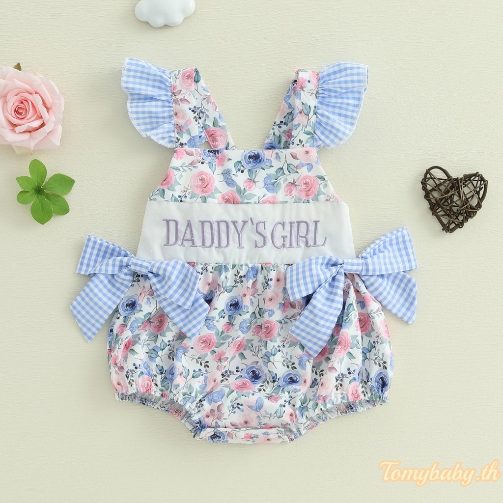 Tomybaby-เด็กทารกRomperฤดูร้อนFly Sleeveดอกไม้พิมพ์เย็บปักถักร้อยตัวอักษรโบว์ทารกBodysuit