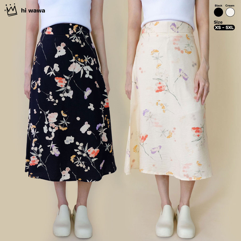hi wawa - กระโปรงยาว บานผ้าพริ้ว พิมพ์ลายดอกไม้ เอวสูง มีซับใน (รอบเอว 24-40นิ้ว)